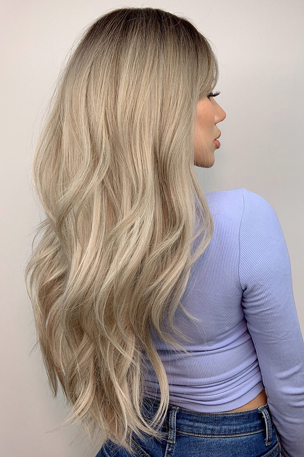 Full Machine Long Wave Wigs 26'' Ash Blond side back view