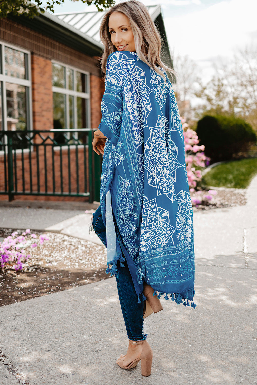 Printed Tassel Trim Open Front Cardigan blue and white