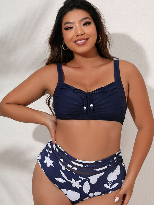 Plus Size Printed Gathered Detail Bikini Set navy