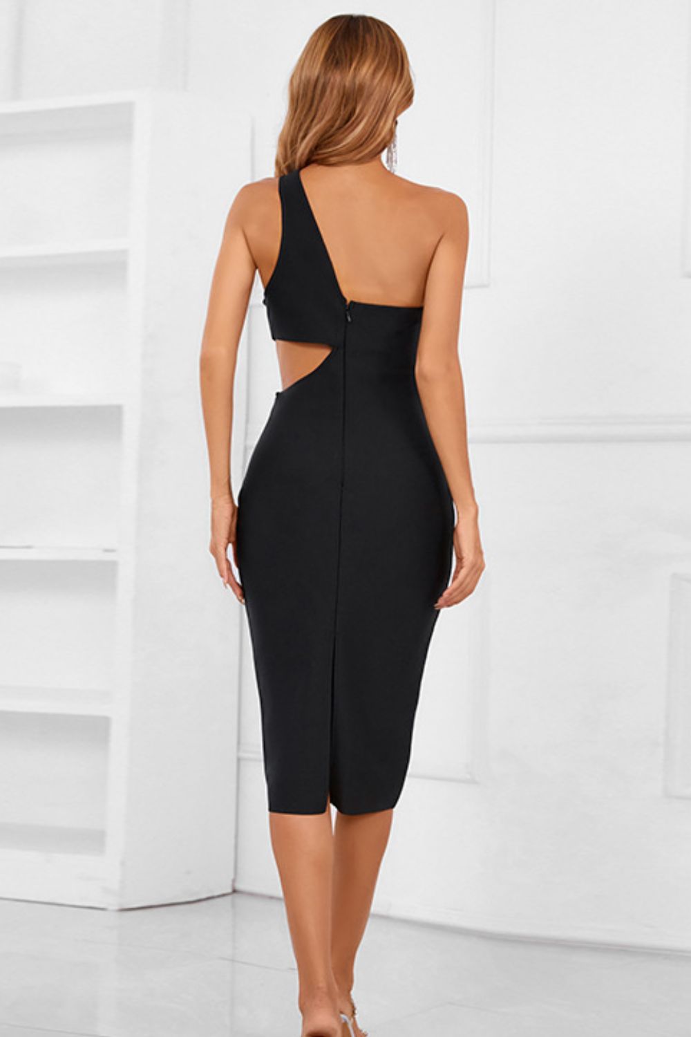 One-Shoulder Cutout Bandage Dress black back view