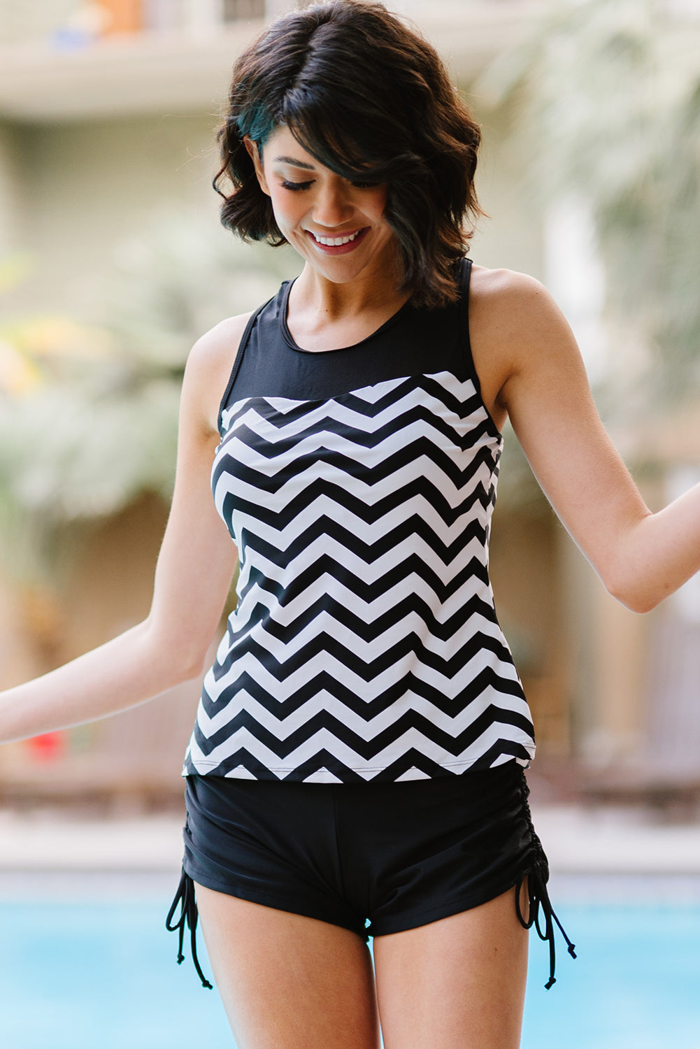 Full Size Chevron Print Ruched Tankini Set white and black chevron