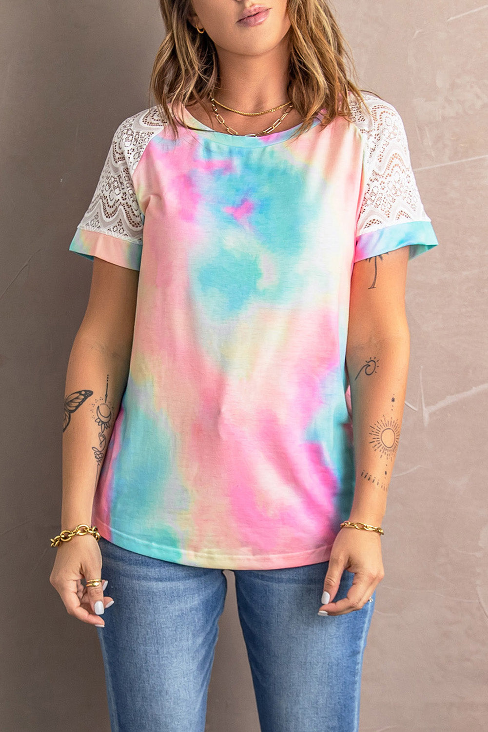 Tie-Dye Spliced Lace Raglan Sleeve Tee multi color