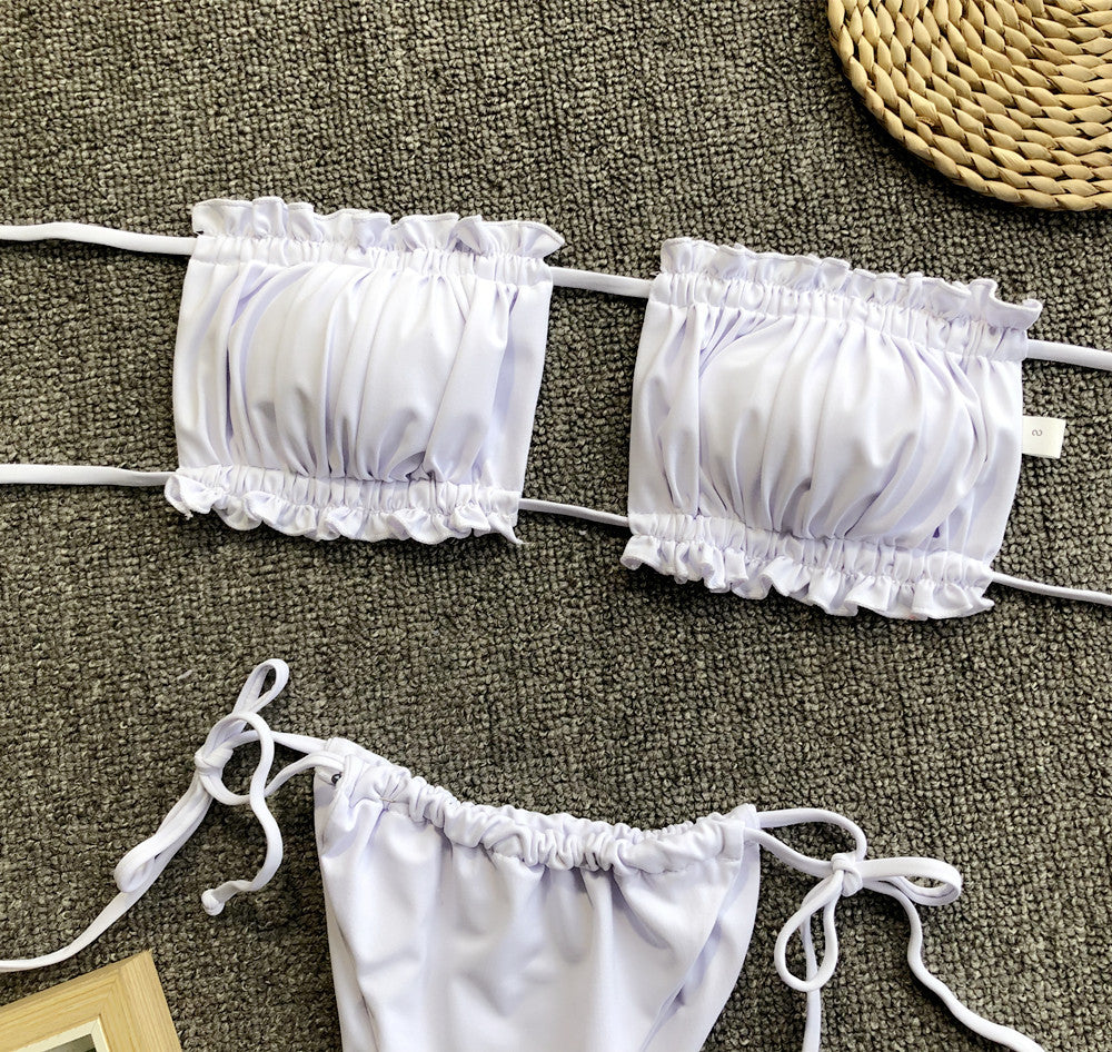 Frill Trim Ruched Bikini Set white