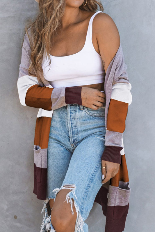 Color Block Open Front Ribbed Cuff Cardigan with Pockets lilac white and brown