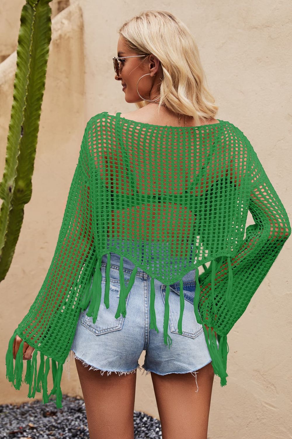 Tassel Hem Openwork Long Sleeve Cover Up green back view