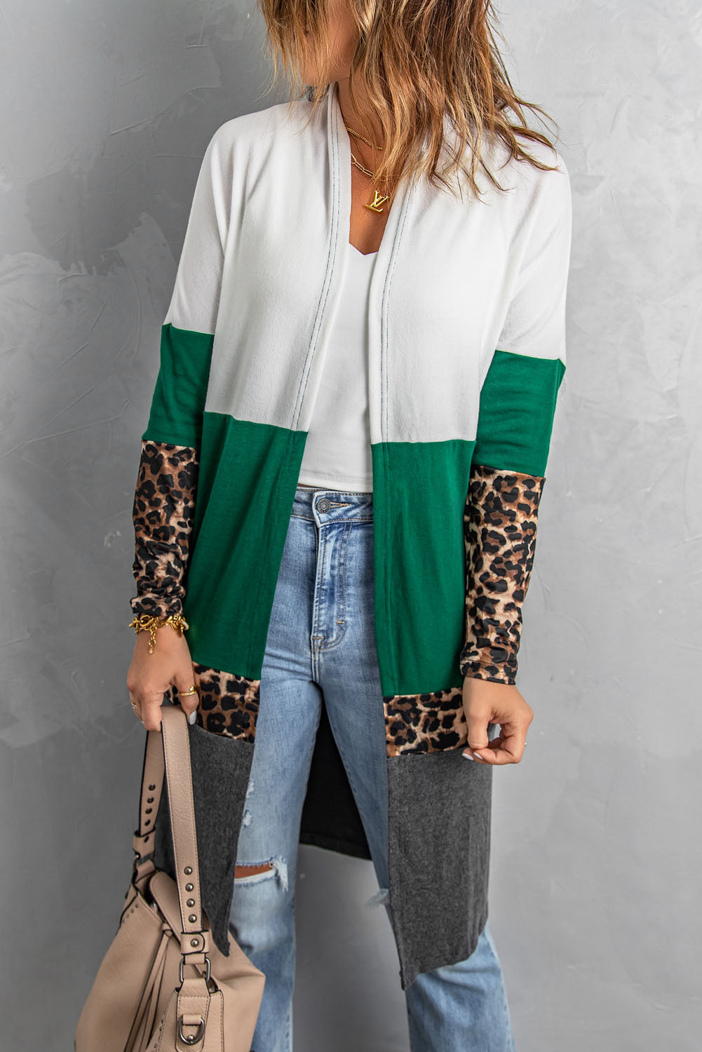 Leopard Color Block Open Front Longline Cardigan green and white front view