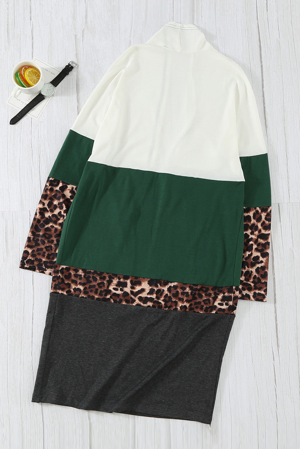 Leopard Color Block Open Front Longline Cardigan green and white