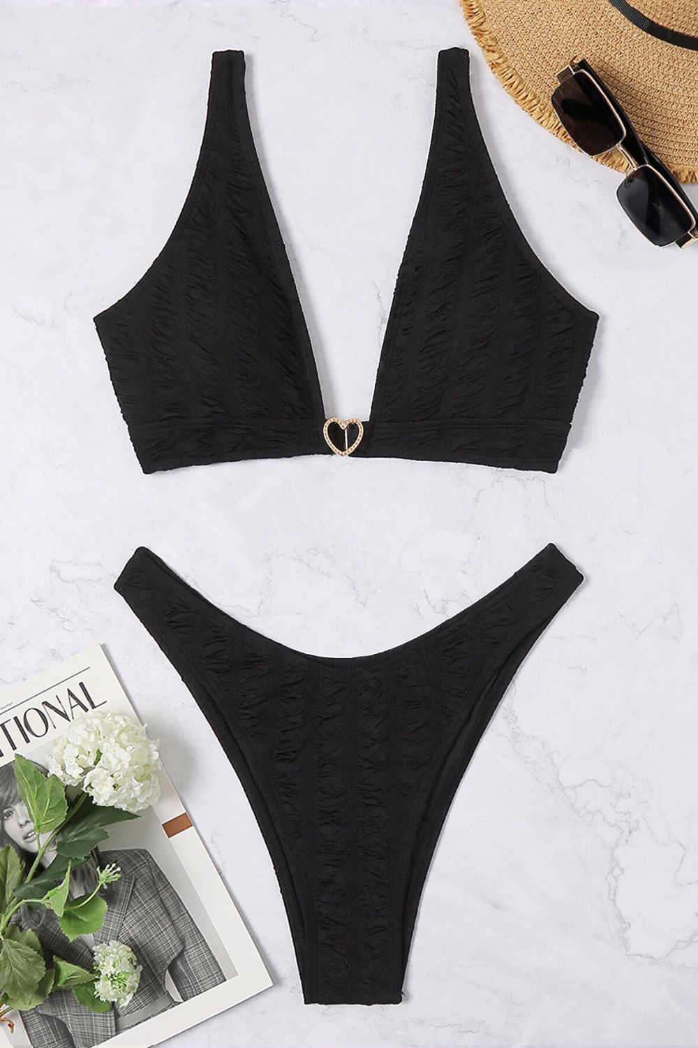 Textured High Cut Bikini Set Black with Gold Heart