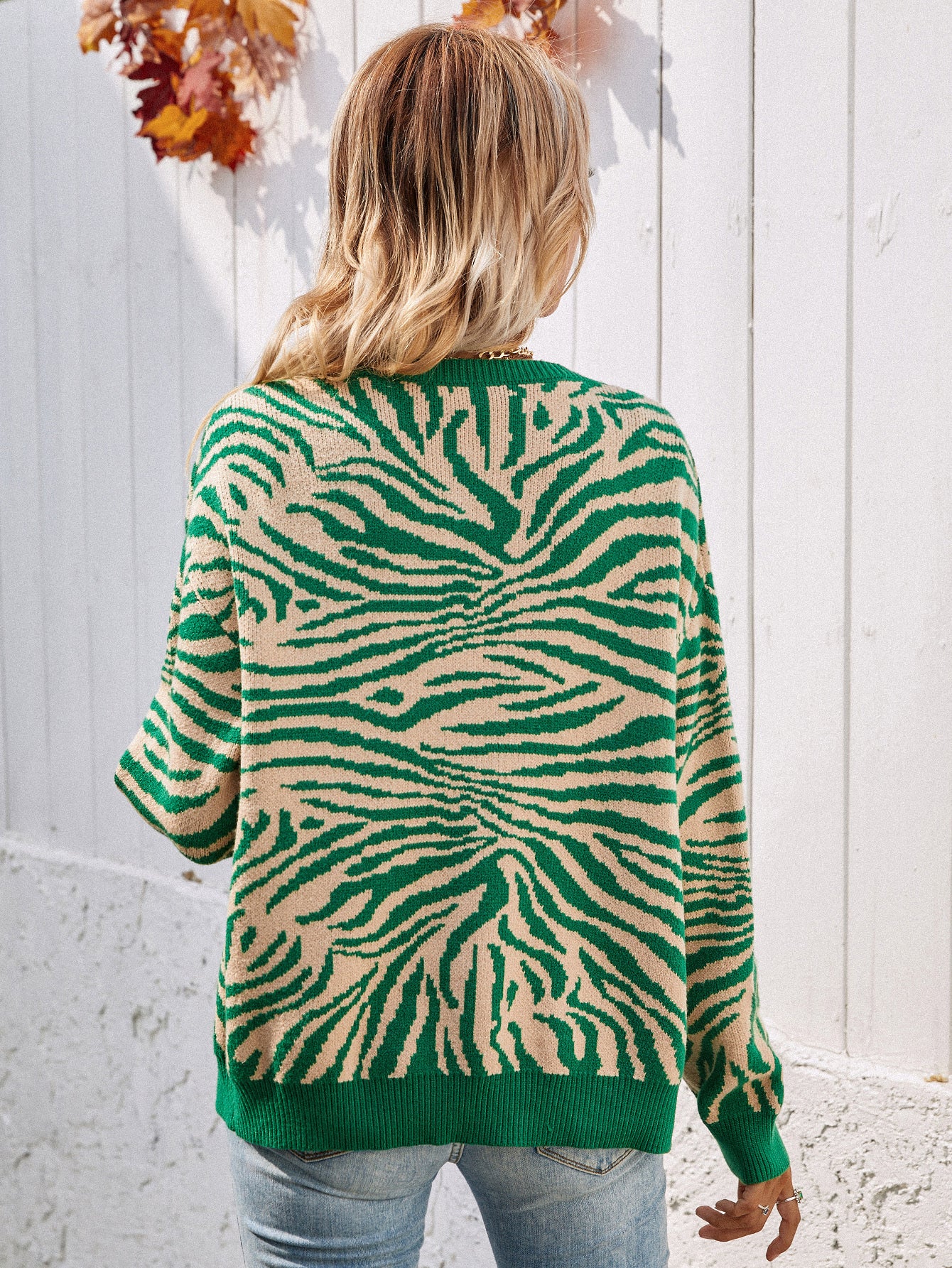 Zebra Print Button Down Cardigan green and beige back view