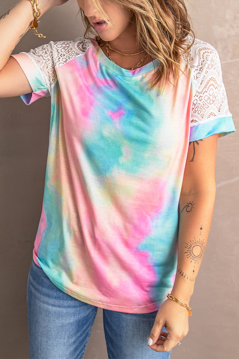 Tie-Dye Spliced Lace Raglan Sleeve Tee multi color