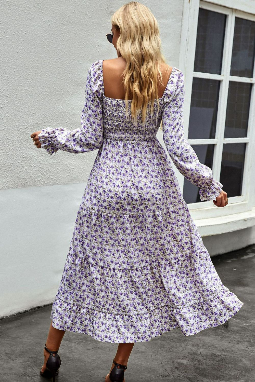 Floral Smocked Square Neck Slit Midi Dress