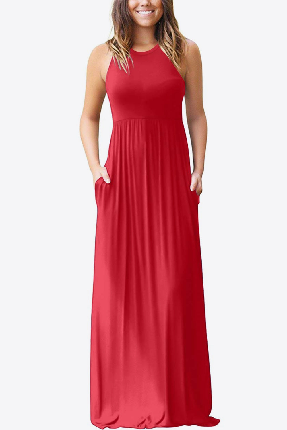 Round Neck Sleeveless Dress with Pockets