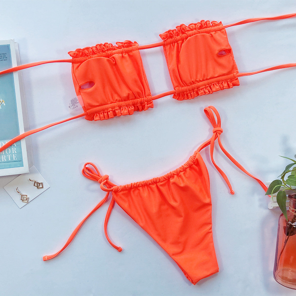 Frill Trim Ruched Bikini Set orange