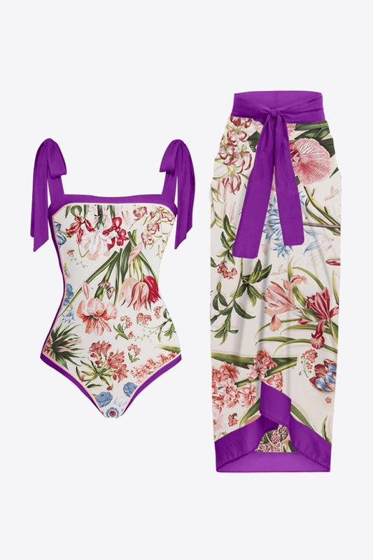 Floral Tie Shoulder Two-Piece Swim Set floral print purple ties