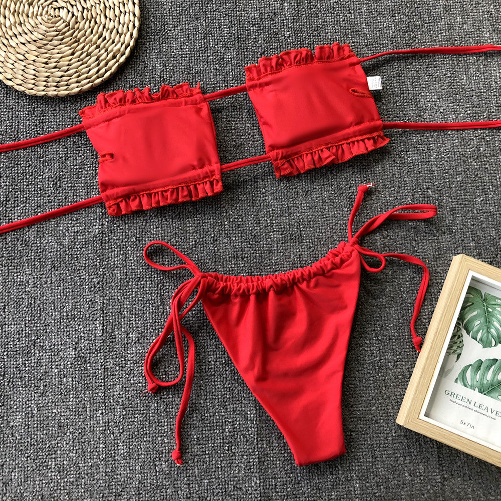 Frill Trim Ruched Bikini Set red