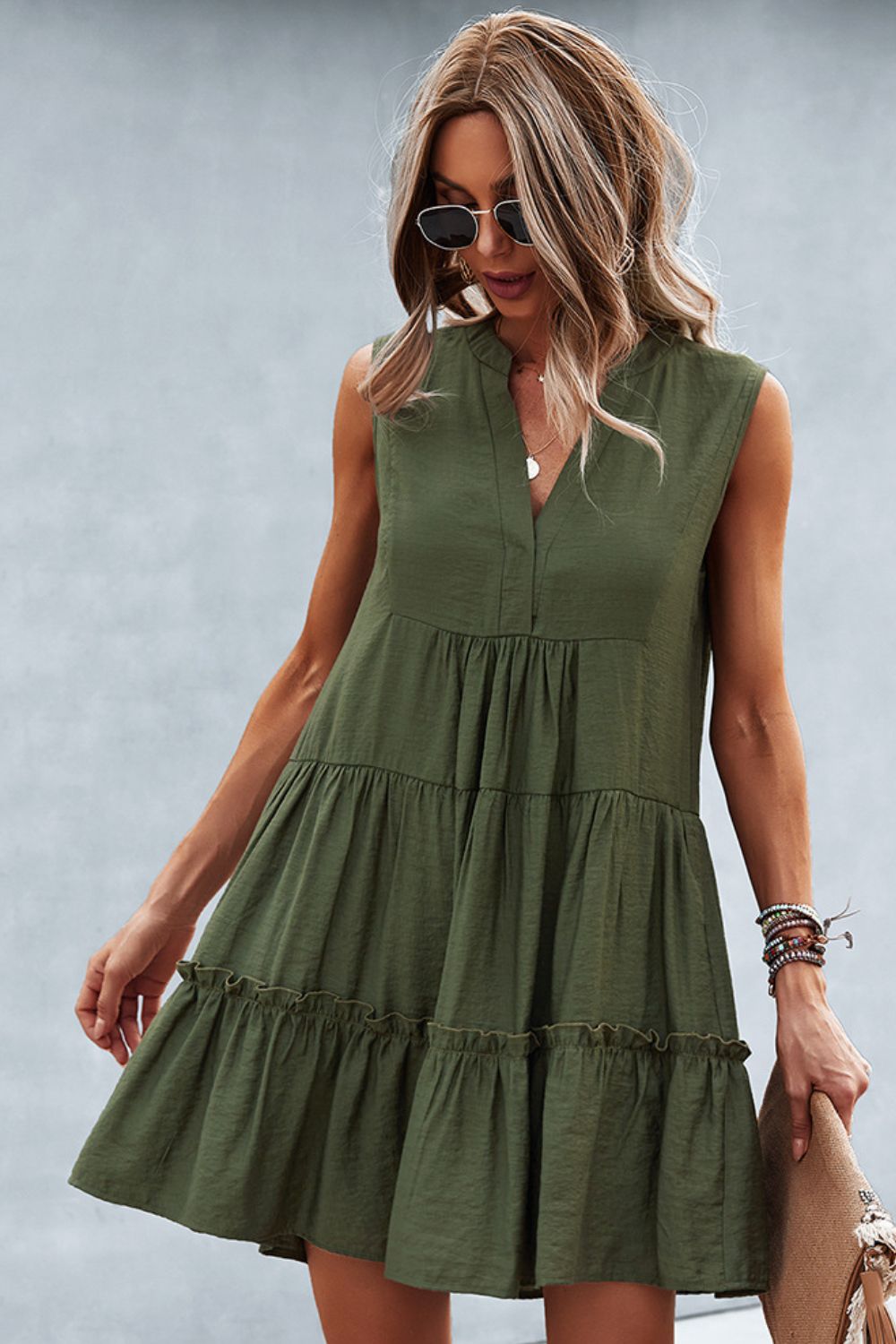 Frill Trim Notched Sleeveless Tiered Dress