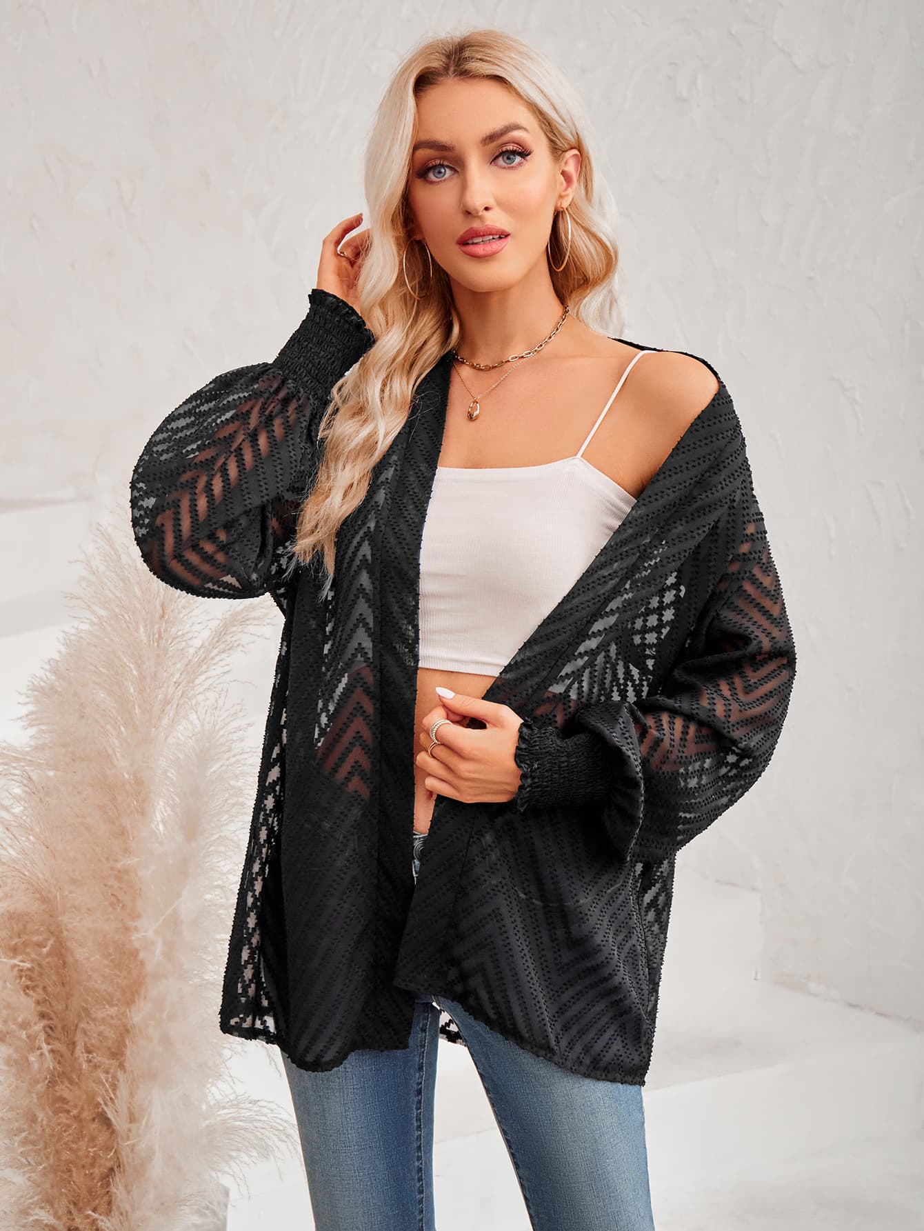 Lantern Sleeve Open Front Sheer Cardigan black