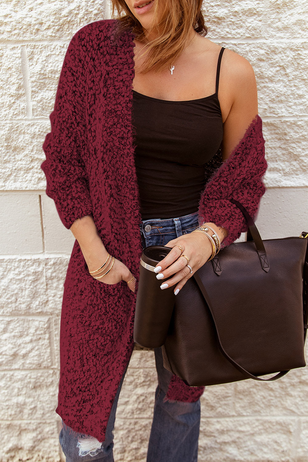 Fuzzy Popcorn Knit Open Front Longline Cardigan