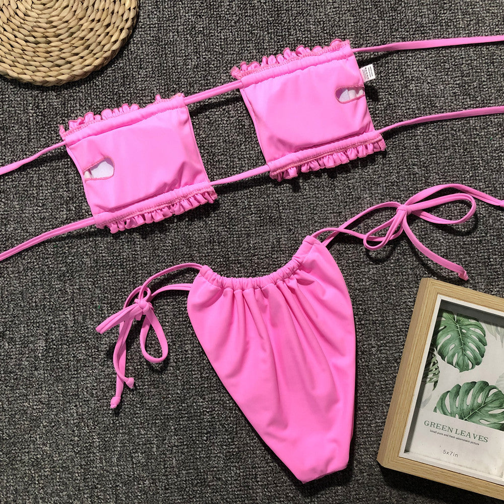 Frill Trim Ruched Bikini Set hot pink