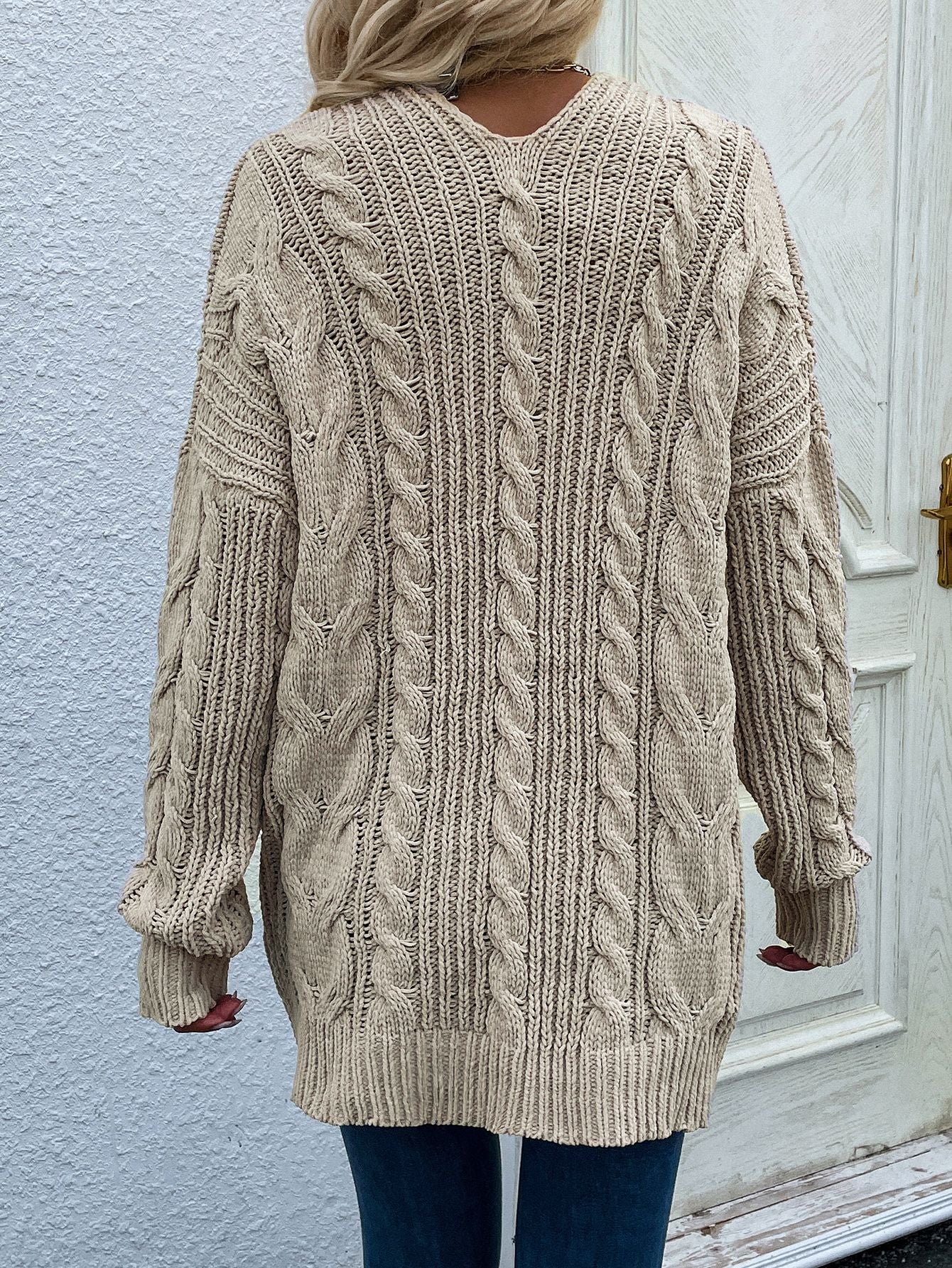 Cable-Knit Open Front Cardigan with Front Pockets khaki beige back view