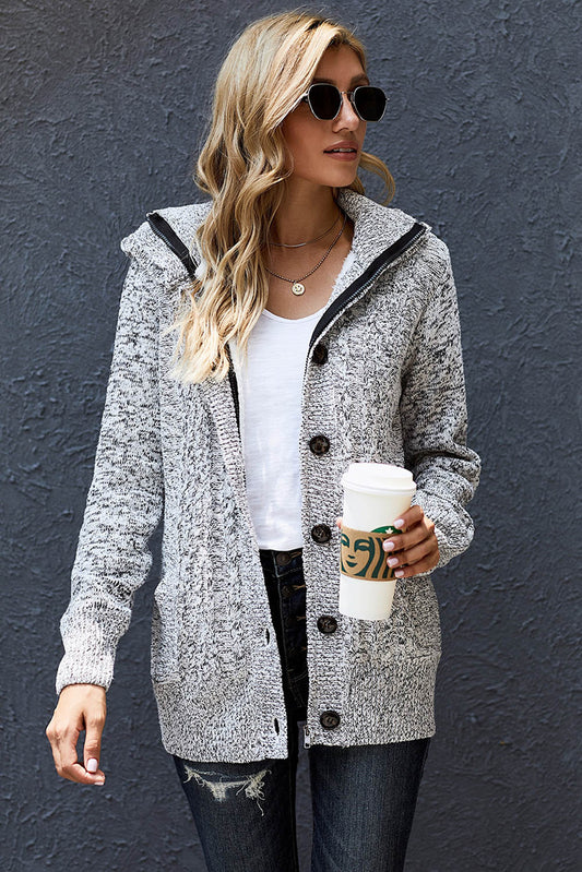 Cable-Knit Fleece Lining Button-Up Hooded Cardigan gray