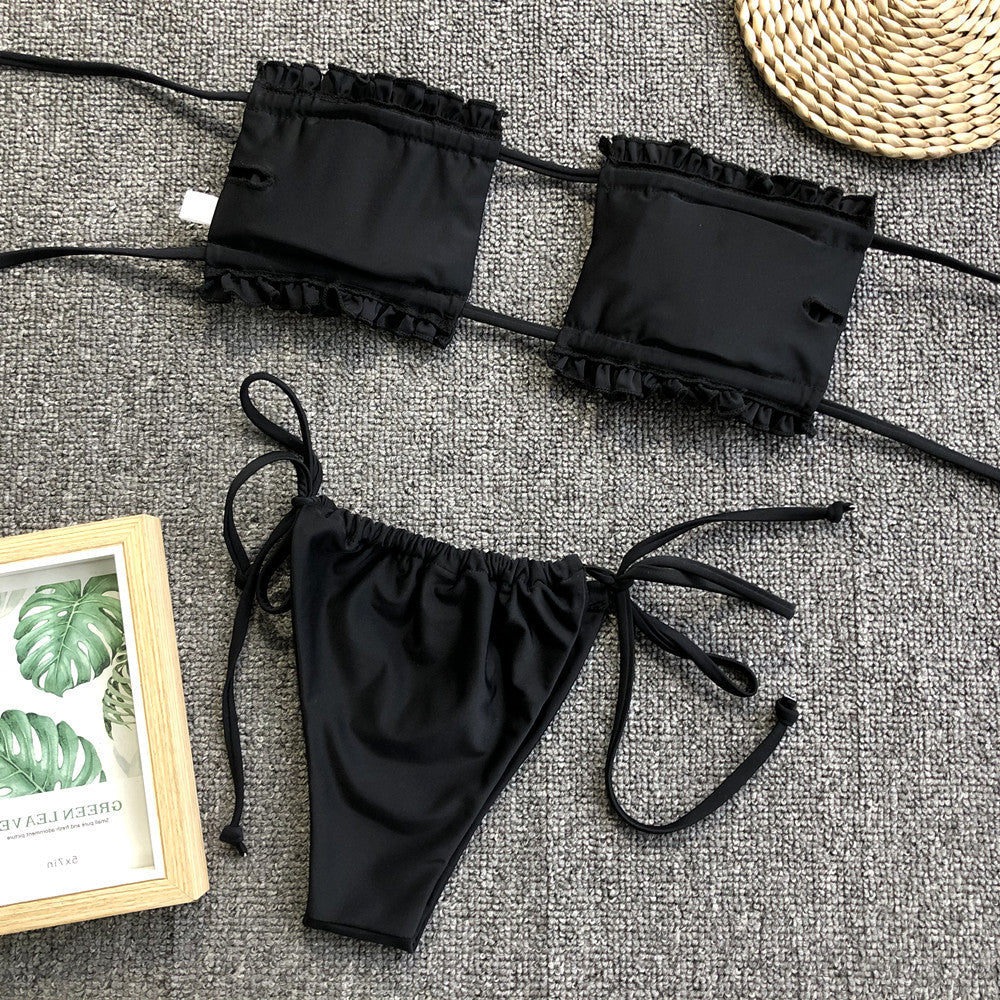 Frill Trim Ruched Bikini Set black