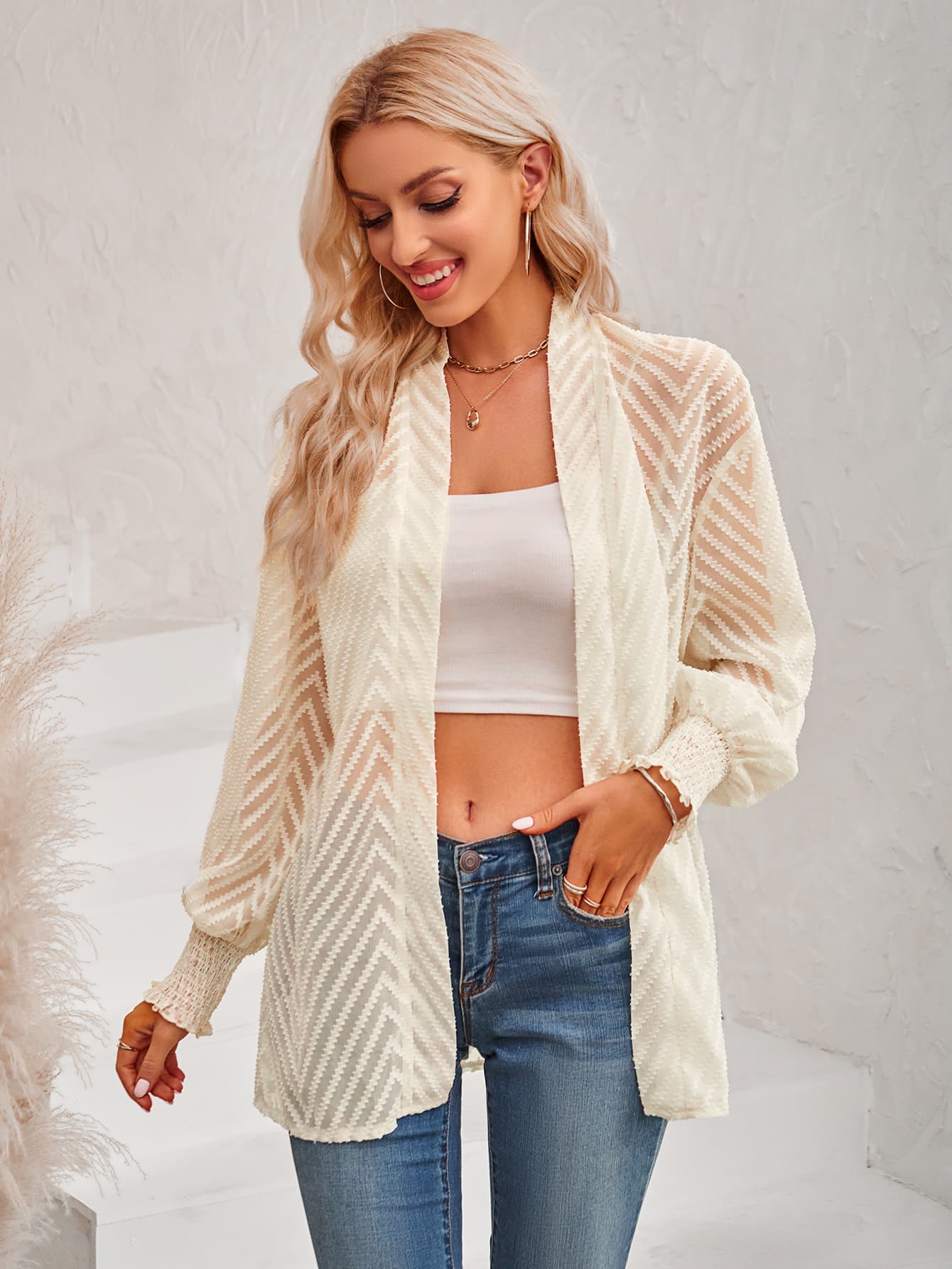 Lantern Sleeve Open Front Sheer Cardigan sand beige