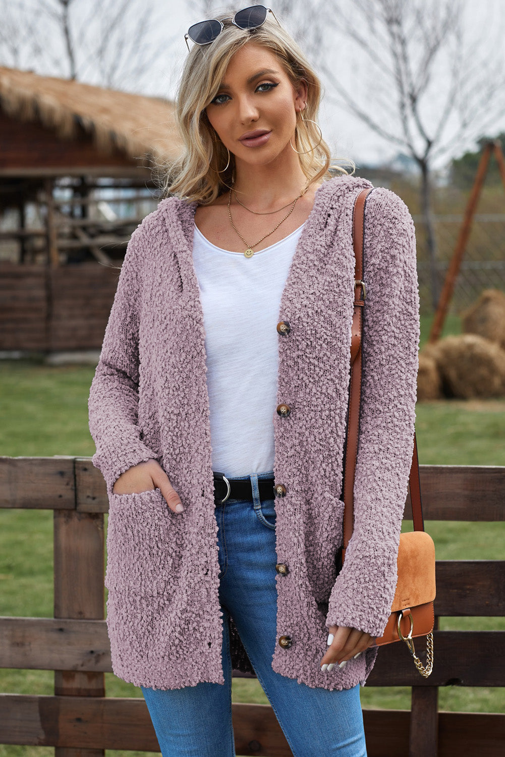 Popcorn-Knit Long Sleeve Hooded Cardigan lilac