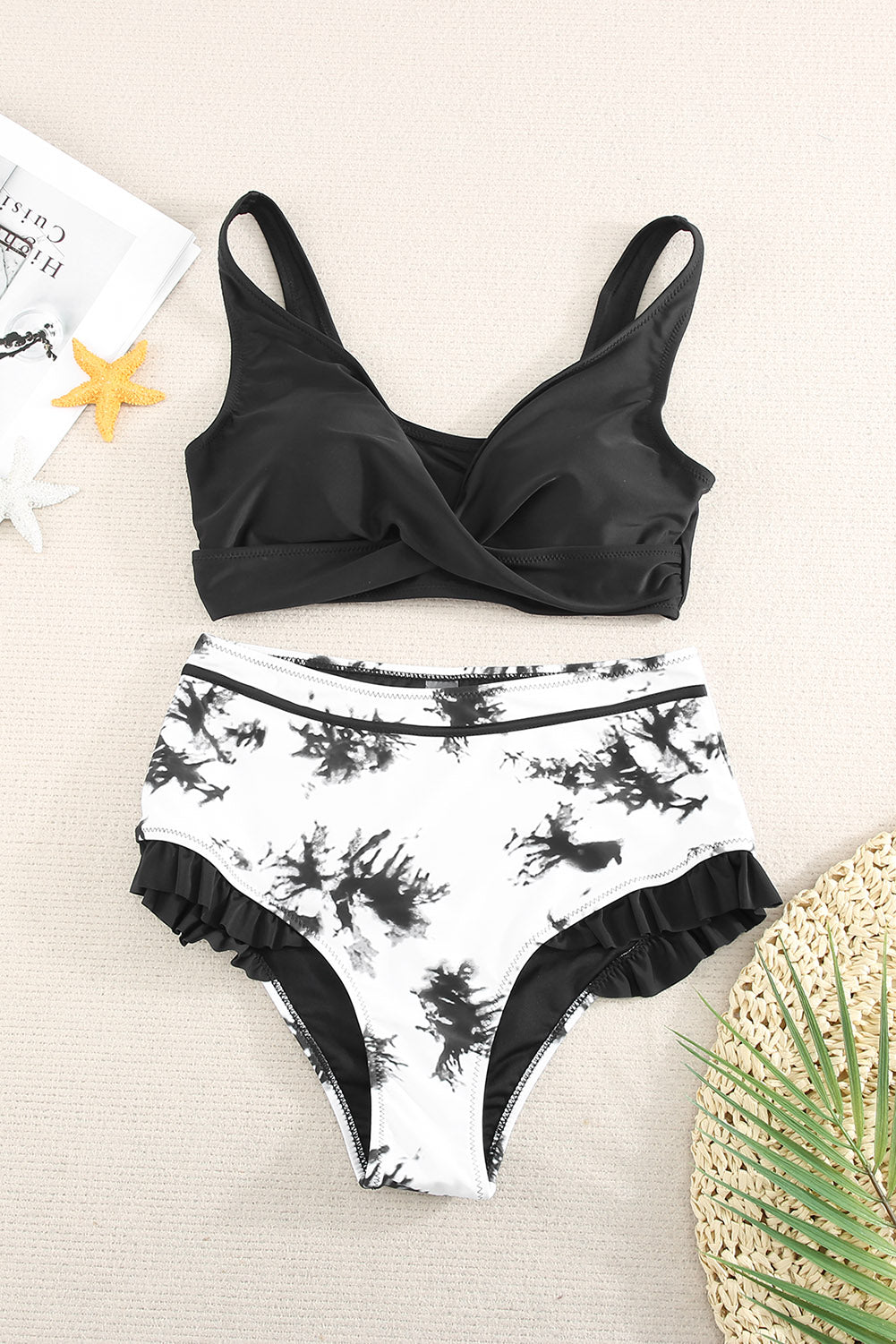 Two-Tone Crisscross Frill Trim Two-Piece Swimsuit black top black and white bottoms flat view black ruffles on bottoms