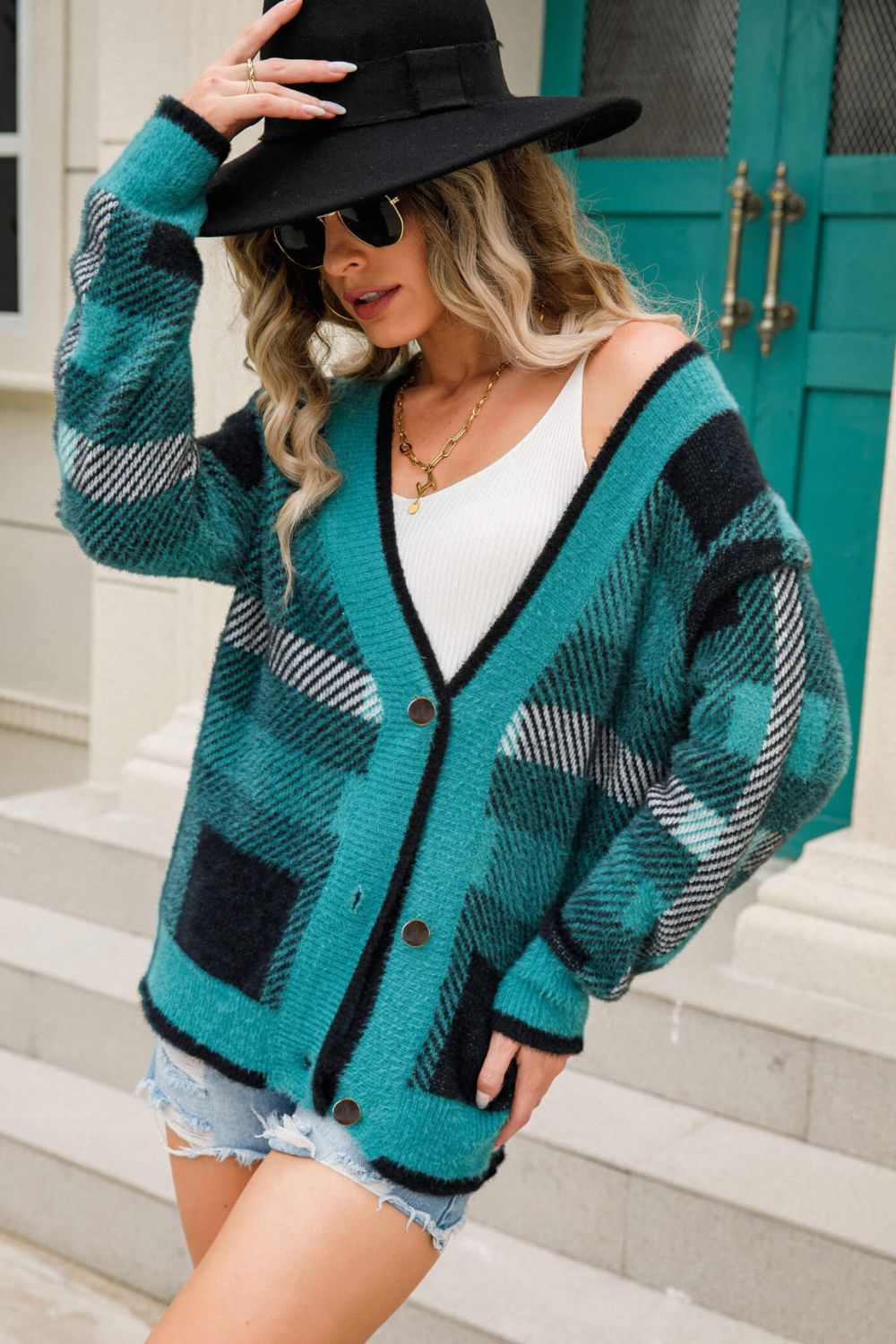 Striped Button-Front Fuzzy Cardigan green