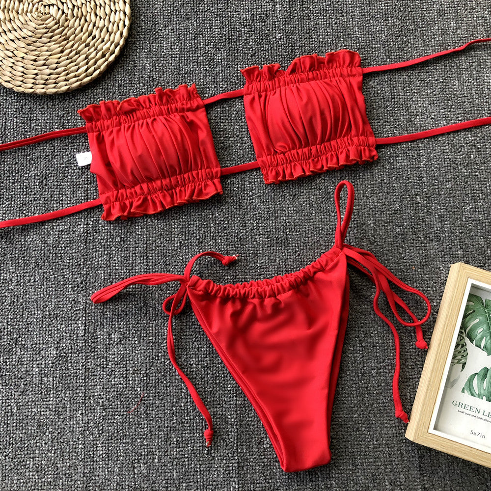 Frill Trim Ruched Bikini Set red