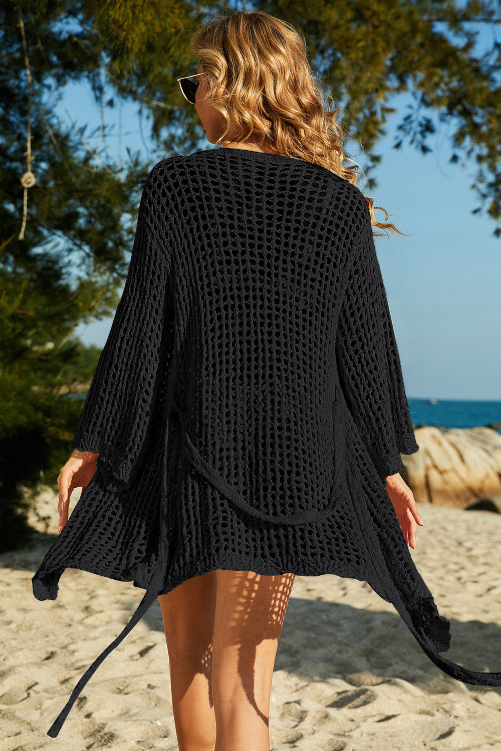 Tie-Waist Openwork Crochet Cover Up black back view