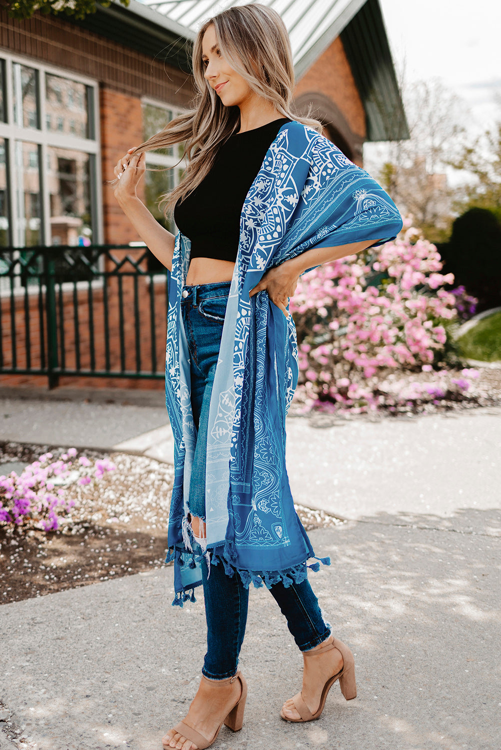 Printed Tassel Trim Open Front Cardigan blue and white side view