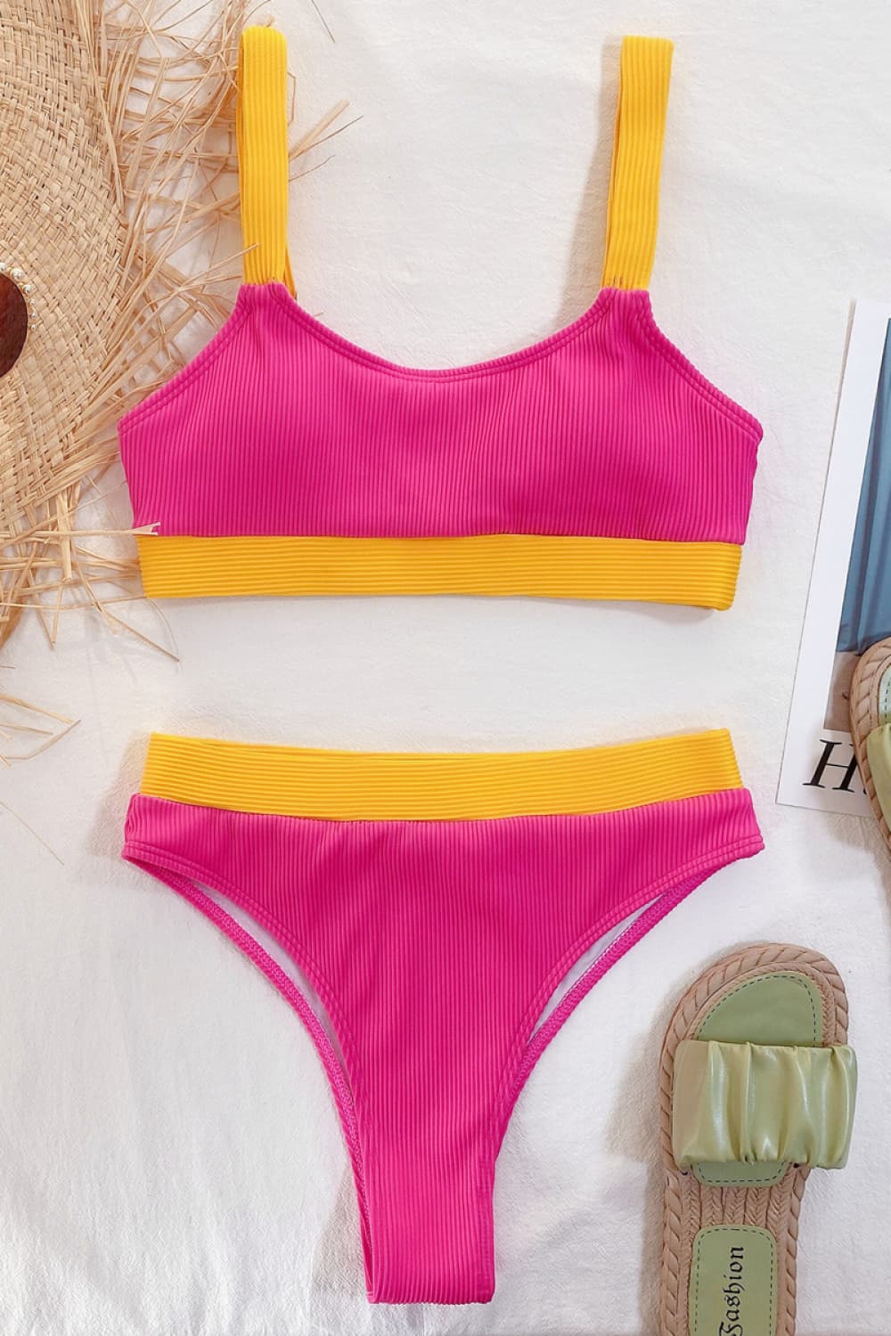 Color Block Scoop Neck Bikini Set pink and orange