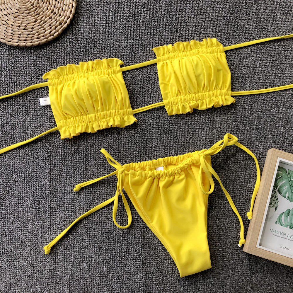 Frill Trim Ruched Bikini Set yellow