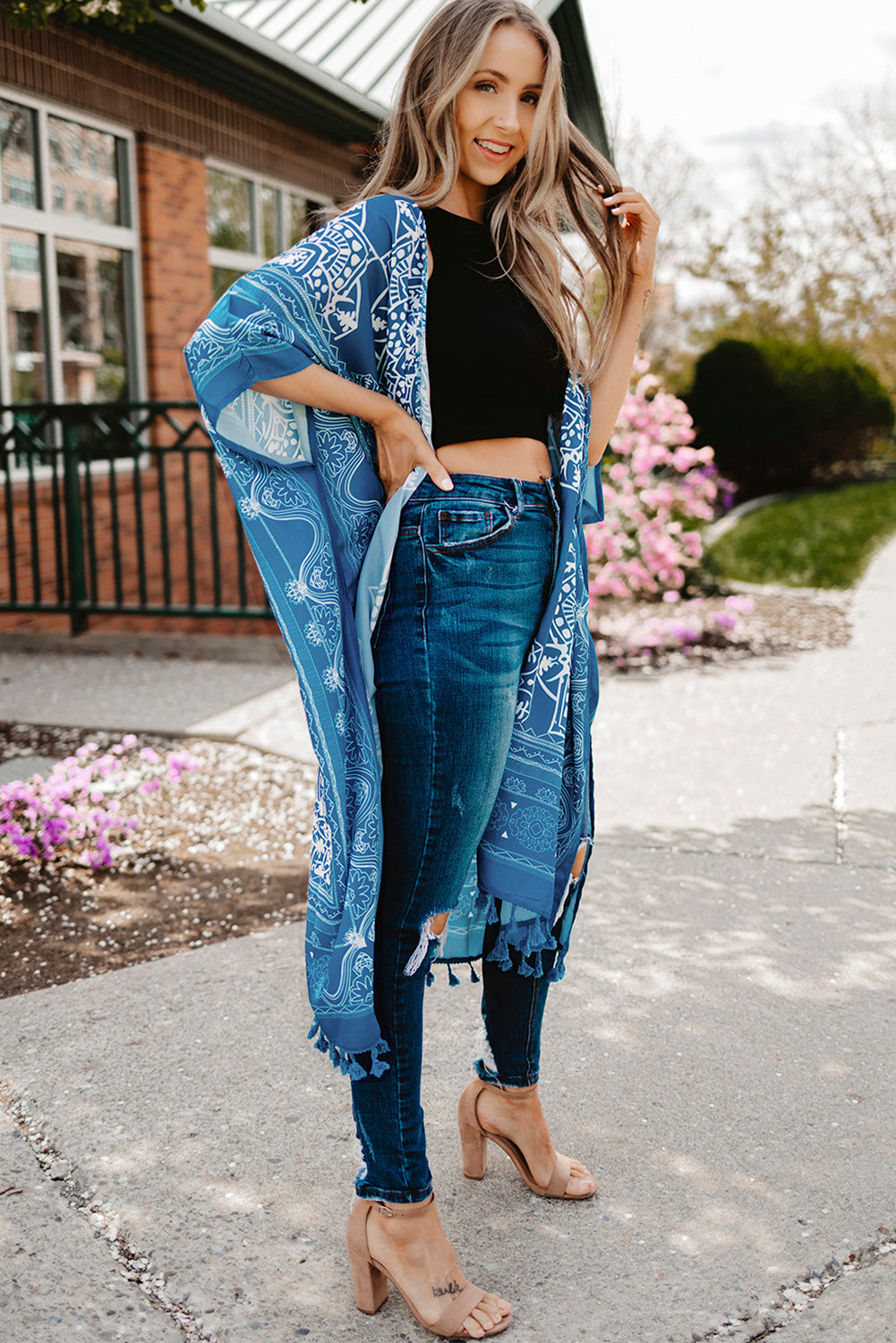 Printed Tassel Trim Open Front Cardigan blue and white semi side view