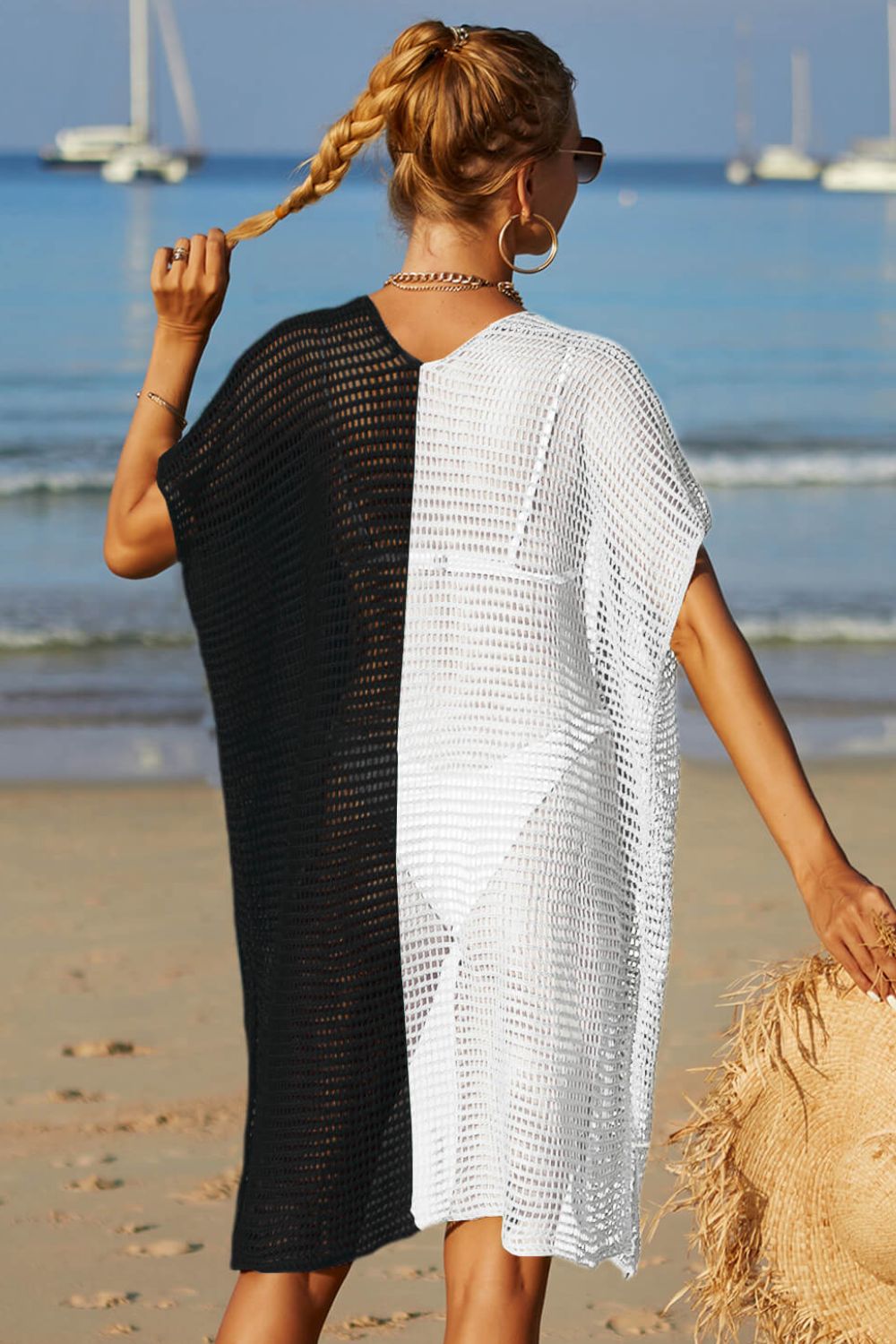 Black and White Two-Tone Side Slit Open Front Cover Up back view