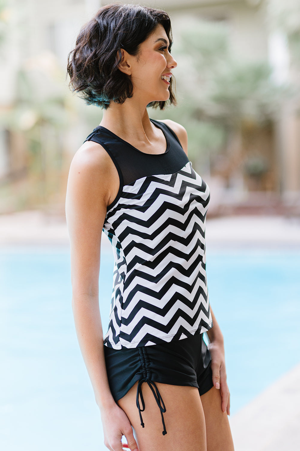 Full Size Chevron Print Ruched Tankini Set white and black chevron