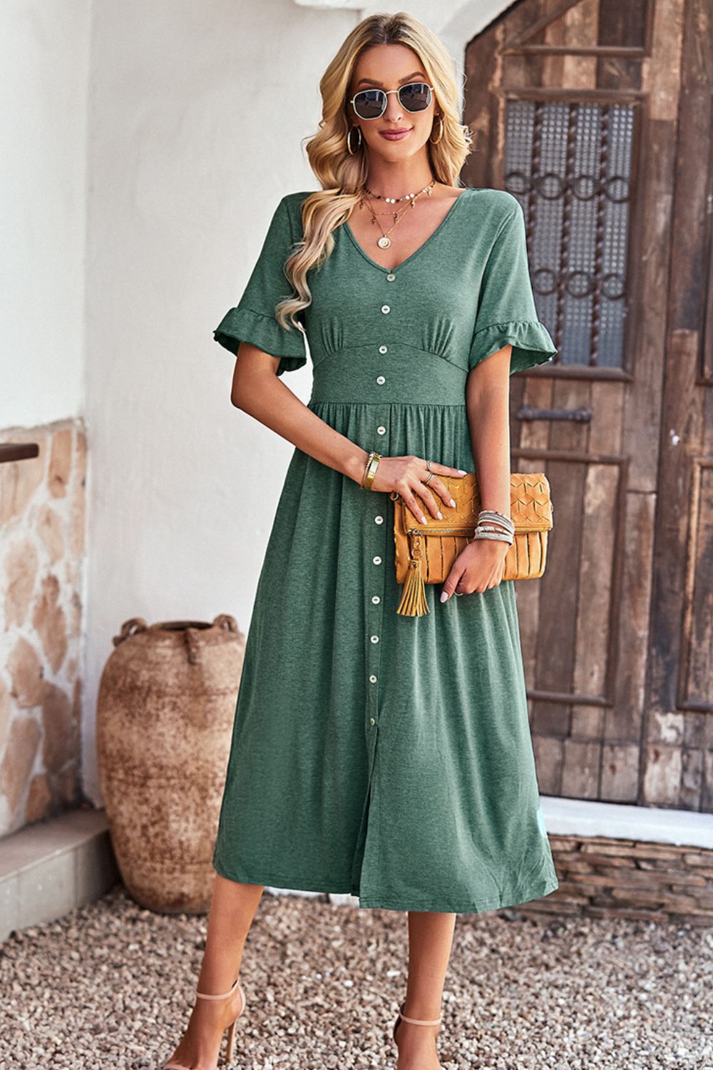 Gathered Detail Buttoned V-Neck Midi Dress