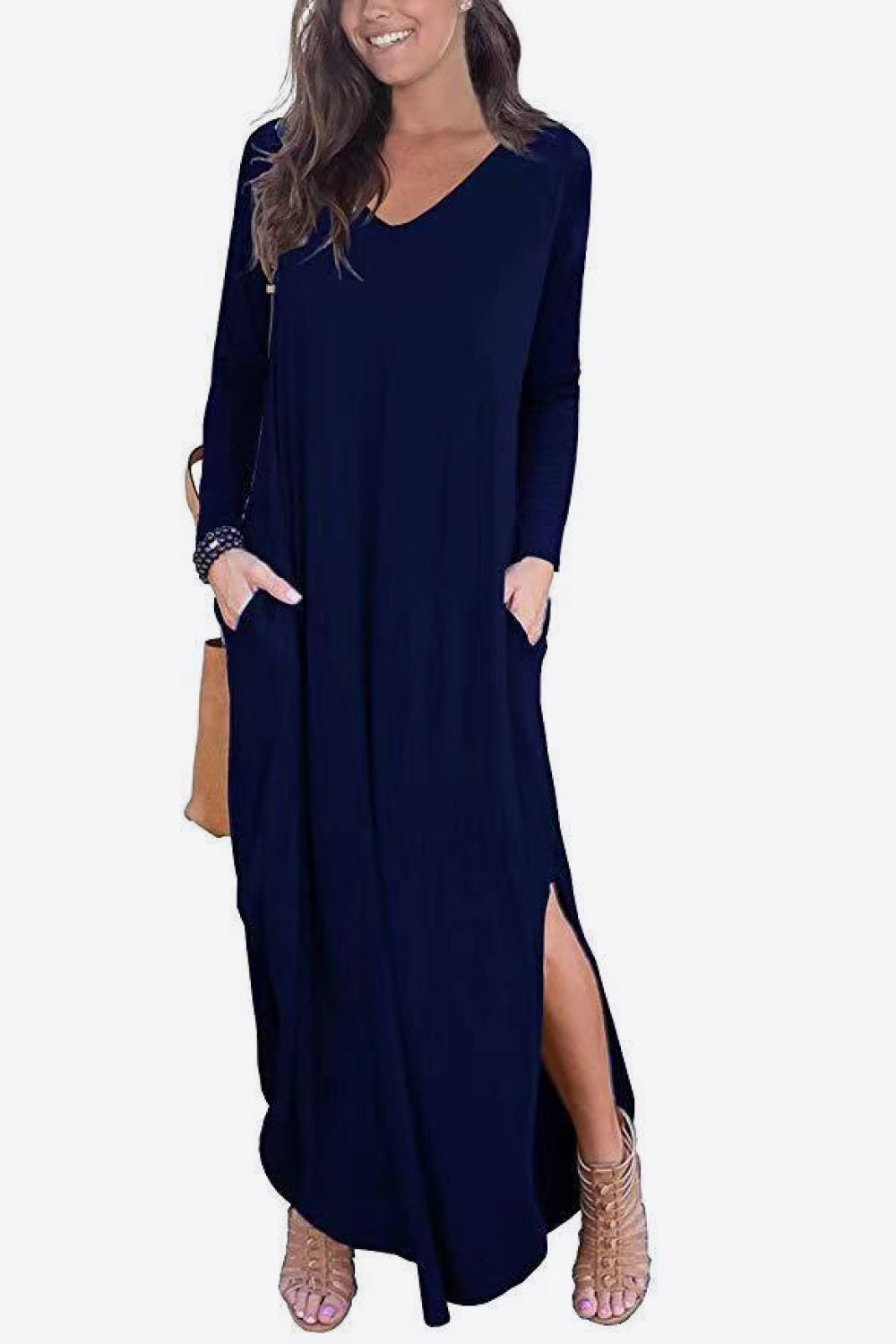 Split Long Sleeve V-Neck Maxi Dress