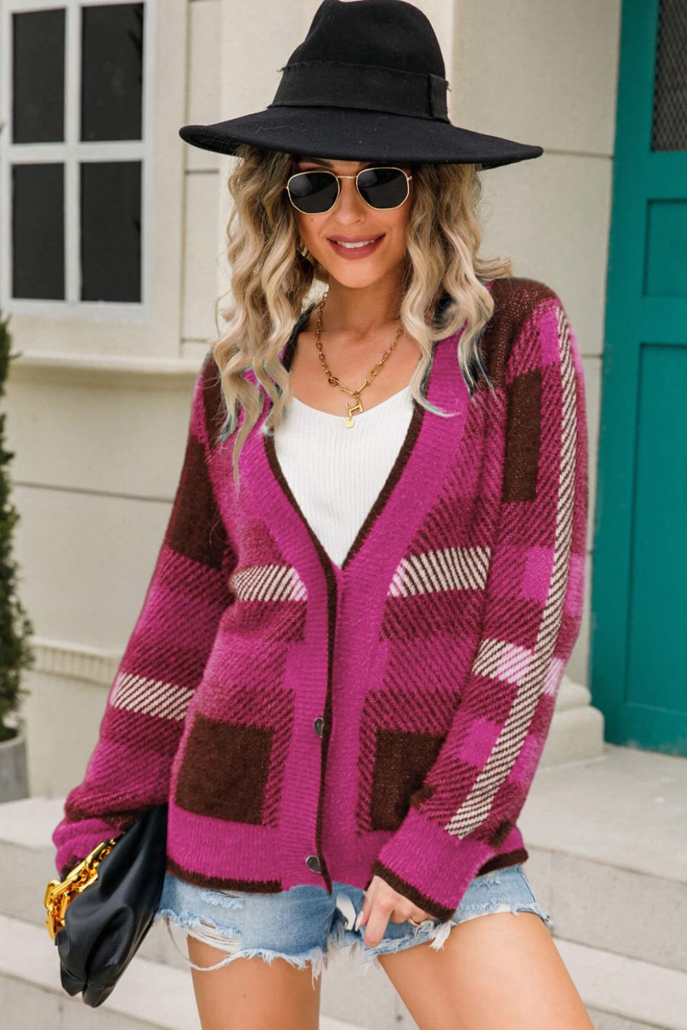 Striped Button-Front Fuzzy Cardigan pink fuschia