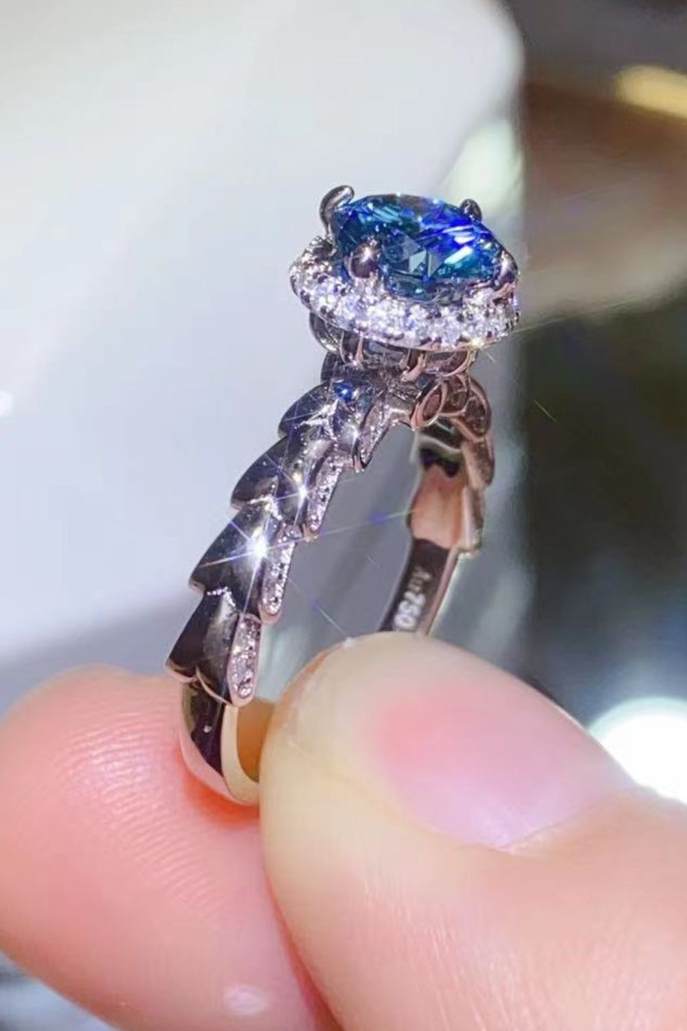 925 Sterling Silver 1 Carat Moissanite Cluster Ring royal blue close up side view