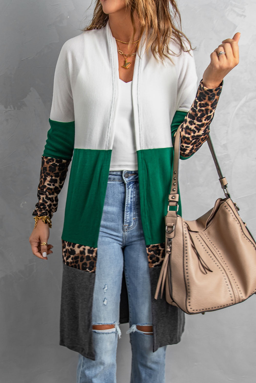 Leopard Color Block Open Front Longline Cardigan green and white