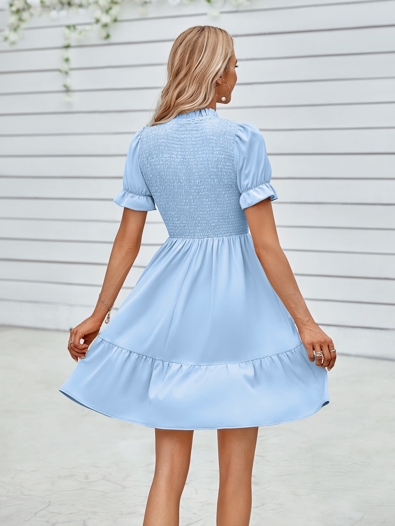 Smocked Short Flounce Sleeve Dress