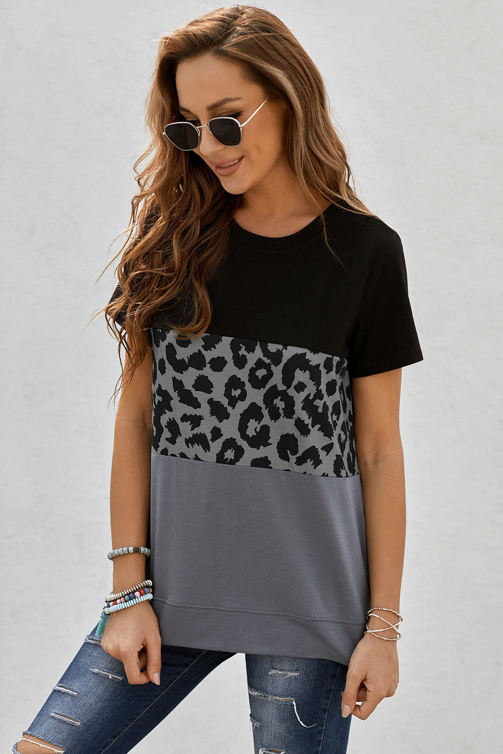 Leopard Print Color Block Short Sleeve T-Shirt