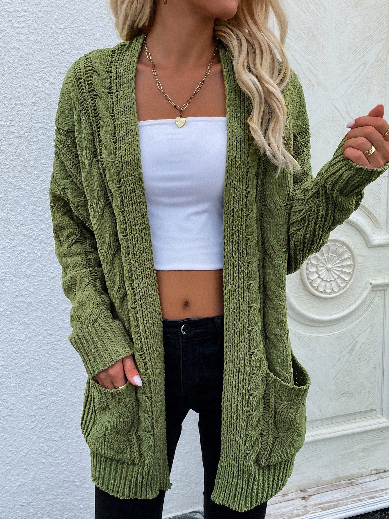 Cable-Knit Open Front Cardigan with Front Pockets green