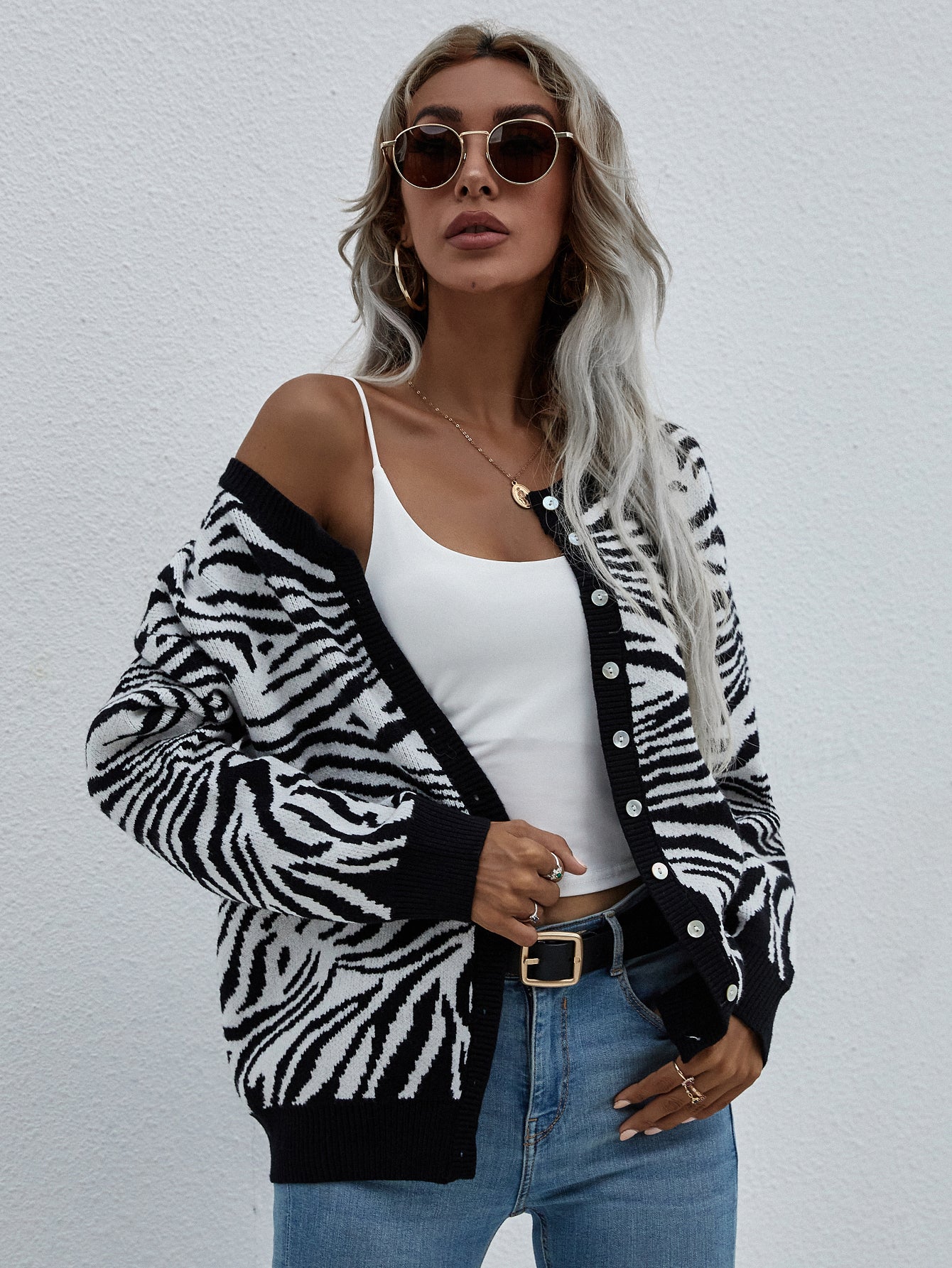 Zebra Print Button Down Cardigan black