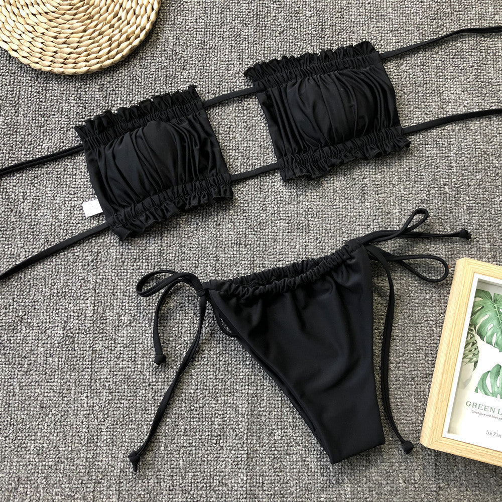 Frill Trim Ruched Bikini Set black