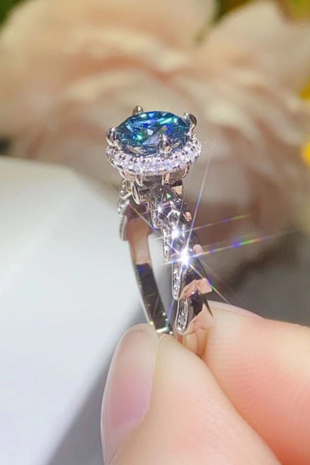 925 Sterling Silver 1 Carat Moissanite Cluster Ring royal blue side view zircon sparkles