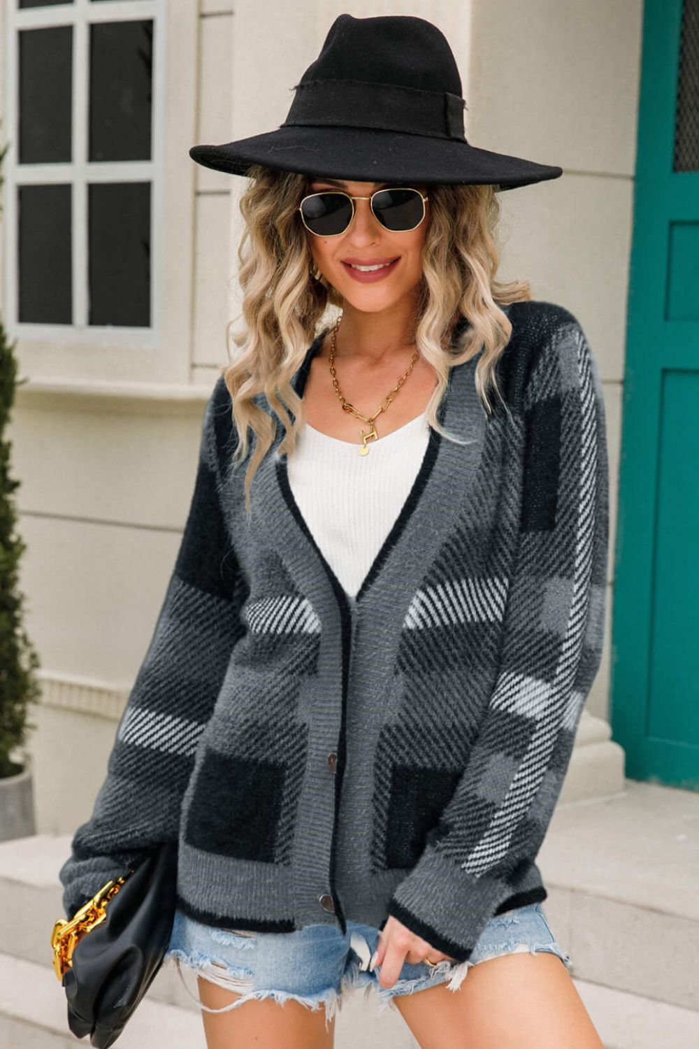 Striped Button-Front Fuzzy Cardigan gray